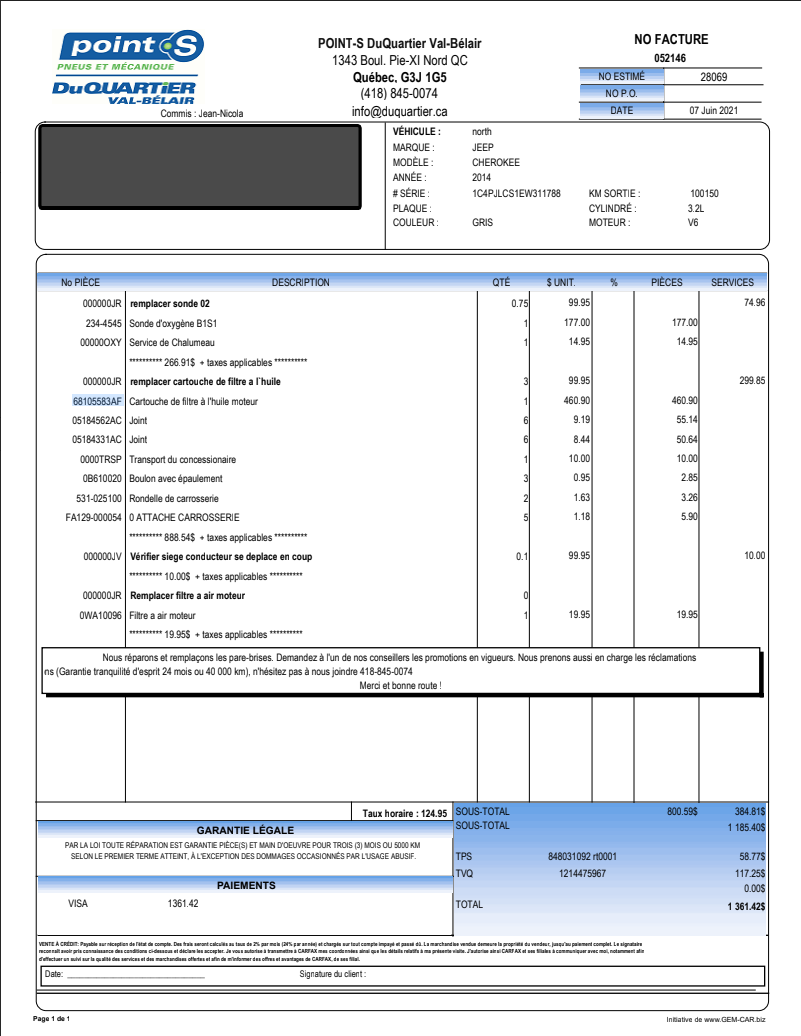 2021-06-07: Réparation capteur d'oxygène et boîtier refroidisseur d'huile moteur