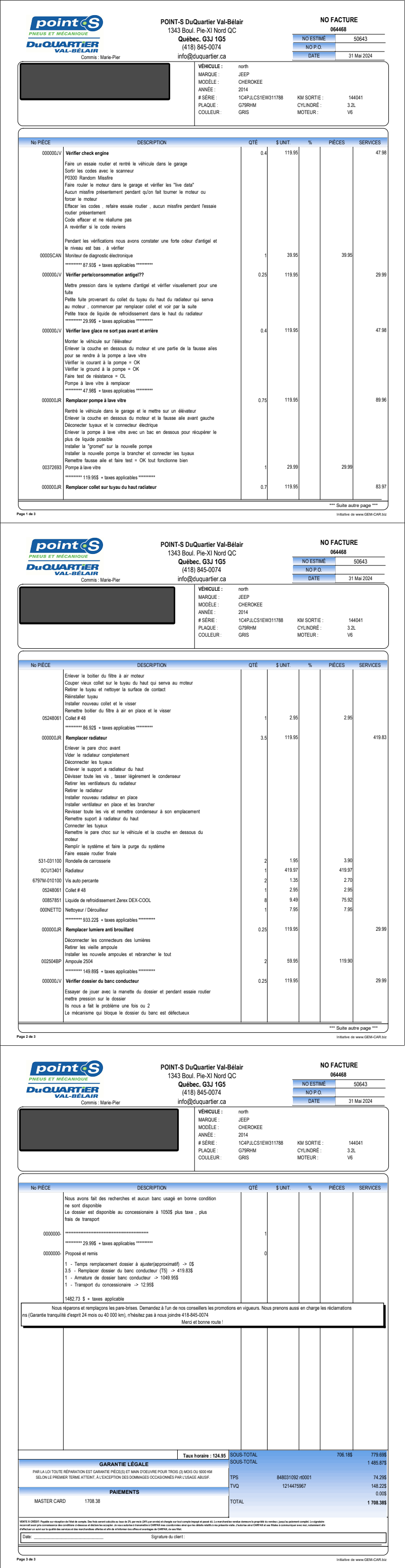 2024-05-03: Vérification témoin moteur, remplacement radiateur et pompe lave-glace