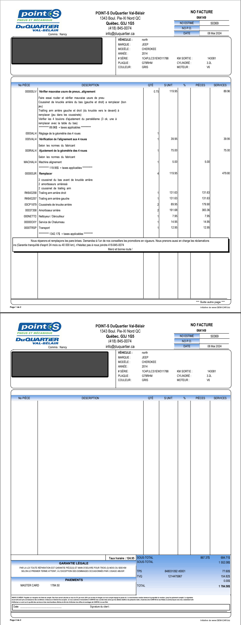 2024-05-08: Alignement, remplacement bagues amortisseurs et bras de suspension