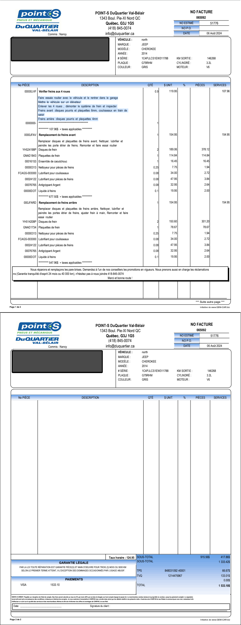 2024-08-06: Remplacement freins avant et arrière