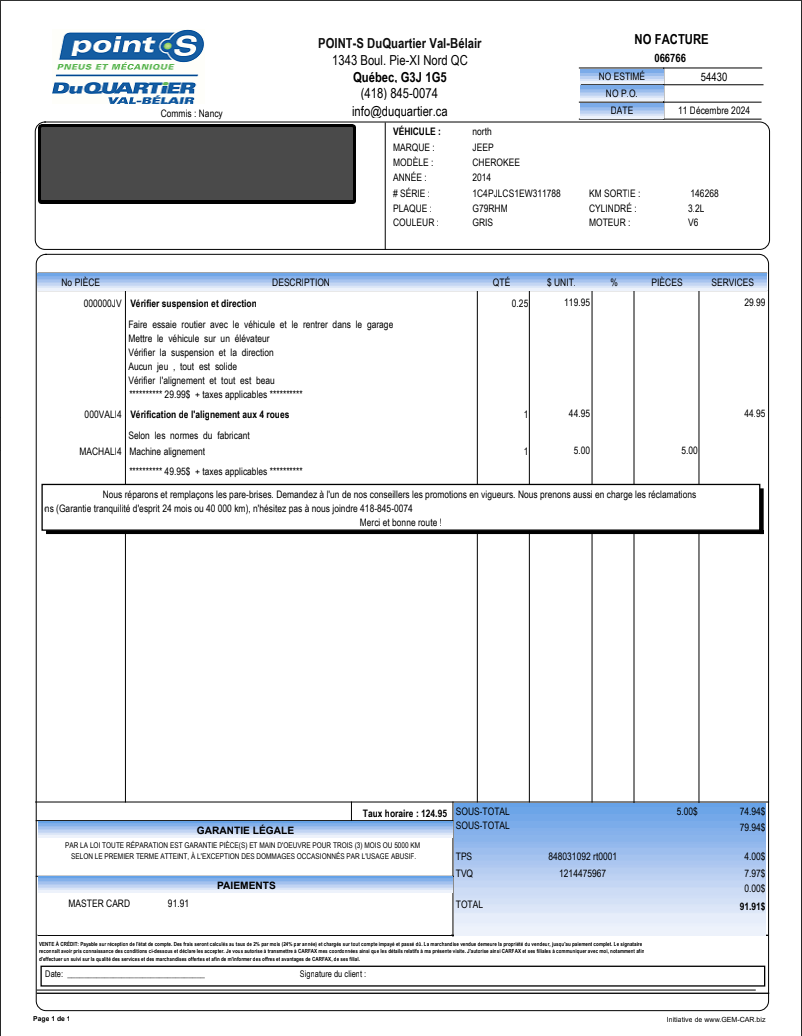 2024-12-11: Vérification suspension et alignement
